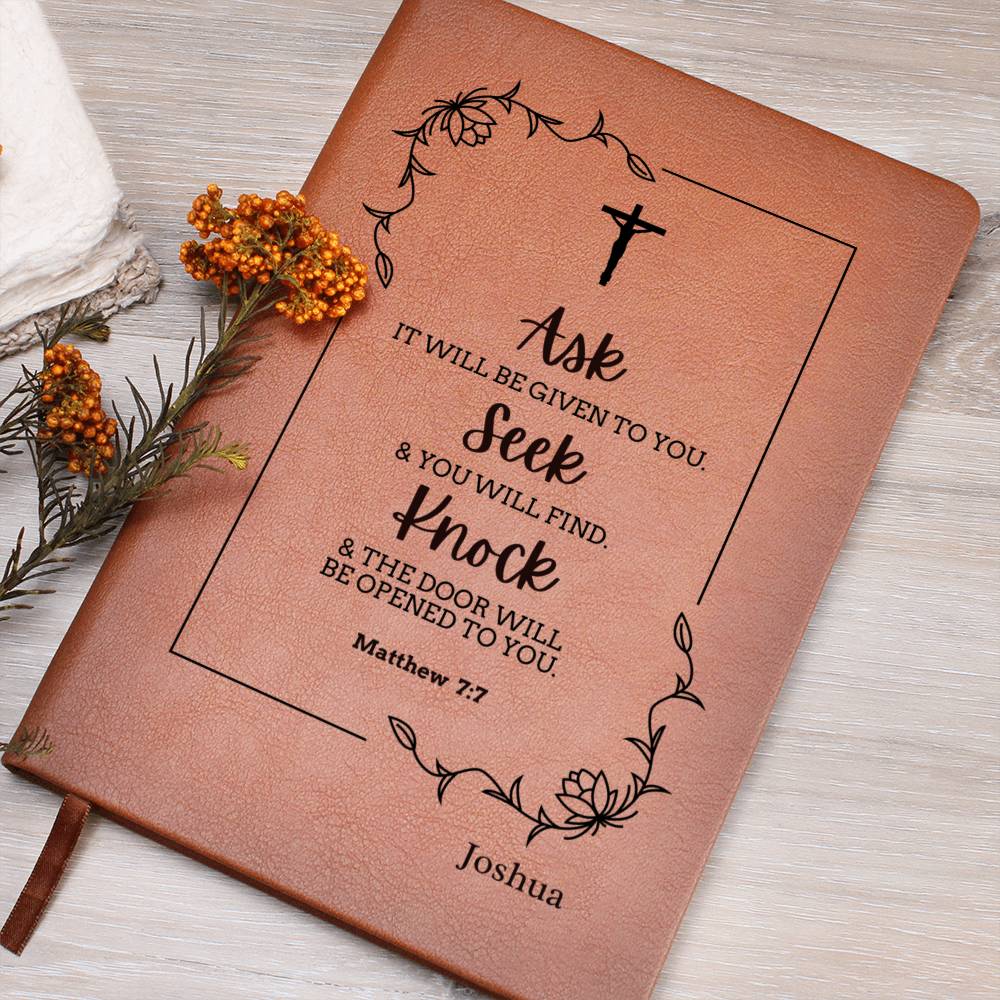 Personalized Christian Notebook ,Bible Verse Inspirational Journal, Prayer Journal, Ask Seek Knock Matthew 7:7