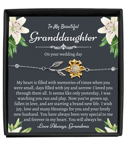 To My Granddaughter on Her Wedding Day, Granddaughter Wedding Gift from Grandma, Sunflower Bracelet, Silver 925, Heartfelt Gift for Granddaughter