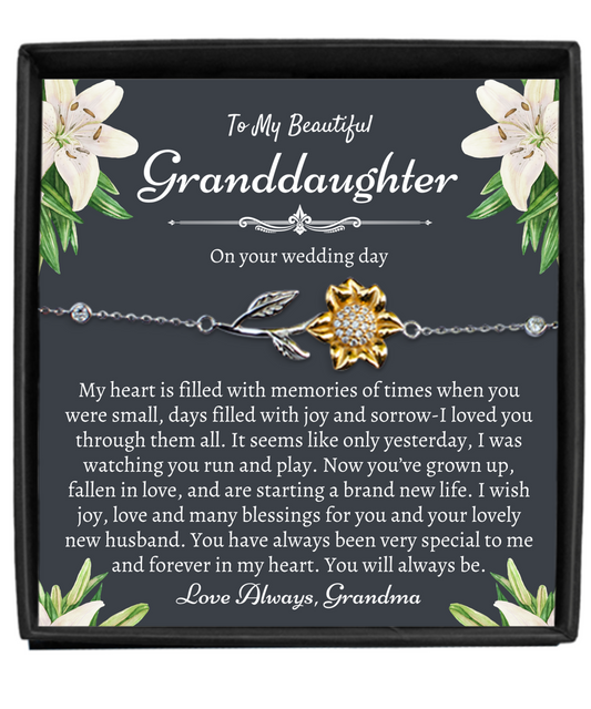 To My Granddaughter on Her Wedding Day, Granddaughter Wedding Gift from Grandma, Sunflower Bracelet, Silver 925, Heartfelt Gift for Granddaughter