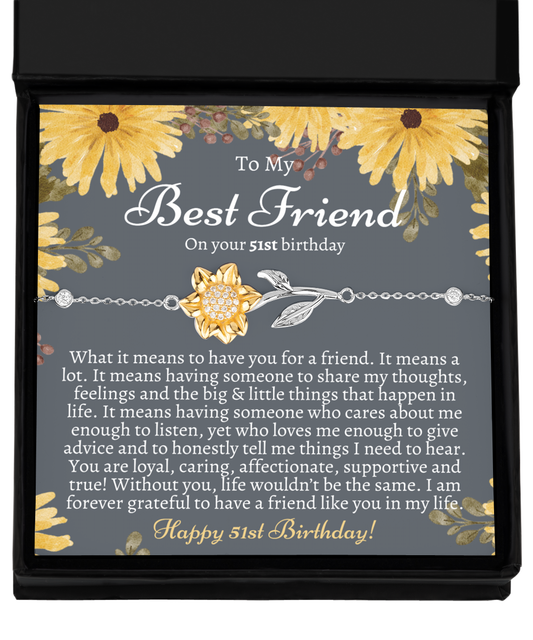 Gift For Best Friend 51st Birthday - Sterling Silver 925 Sunflower Bracelet