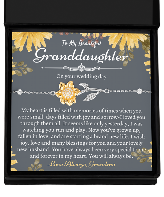 Granddaughter Wedding Day Gift, Gift for Bride from Grandma, To My Granddaughter on Her Wedding Day, Heartfelt Sunflower Bracelet Silver 925