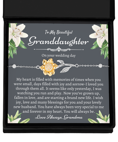 To My Granddaughter on Her Wedding Day, Granddaughter Wedding Gift from Grandma, Sunflower Bracelet, Silver 925, Heartfelt Gift for Granddaughter