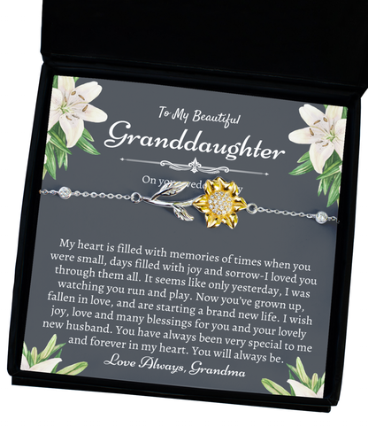 To My Granddaughter on Her Wedding Day, Granddaughter Wedding Gift from Grandma, Sunflower Bracelet, Silver 925, Heartfelt Gift for Granddaughter