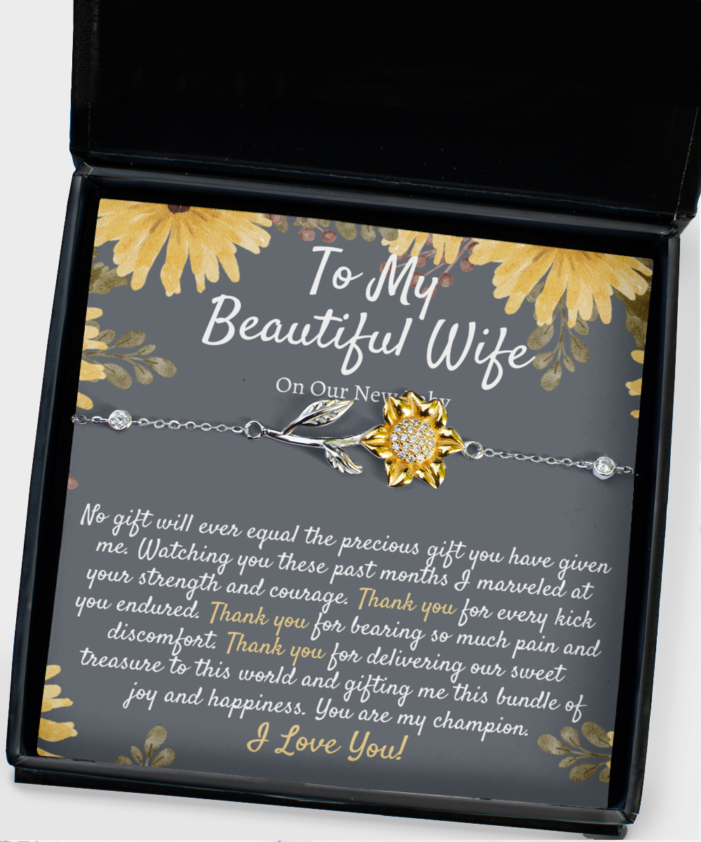 New Mom Gift from Husband, Push Gift for Wife for New Baby, Baby Gift From Husband, New Mom Jewelry, Sunflower Bracelet, Push Gift for Wife