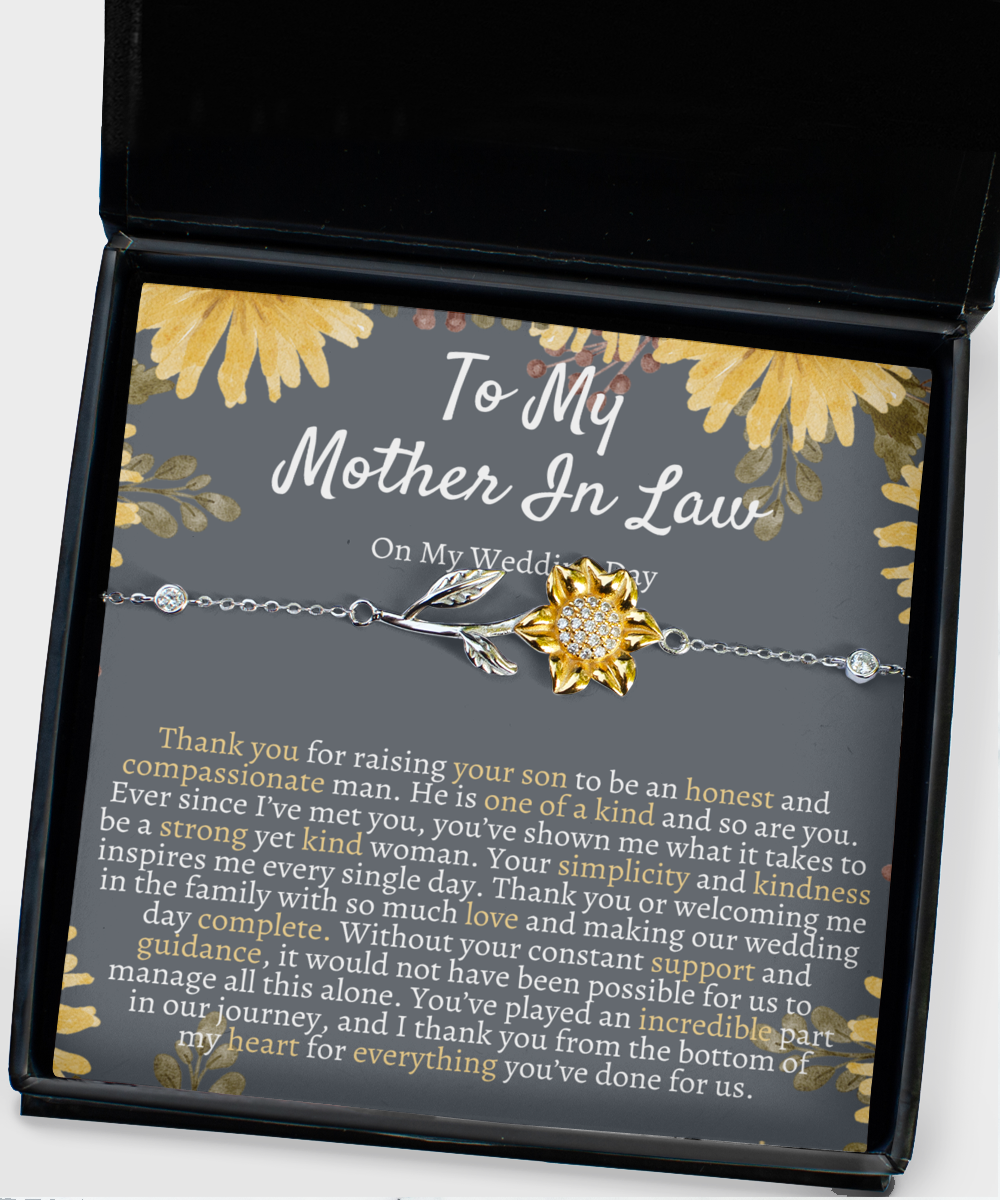 Mom in Law Sunflower Bracelet Gift on Wedding Day, Mother in Law Wedding Gift from Daughter in Law, Silver 925, Meaningful Gift, Unique Gift