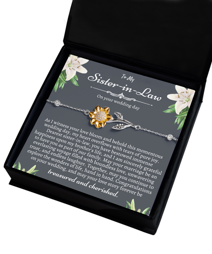 Silver 925 Sunflower Bracelet: Meaningful Sister-in-Law Wedding Gift & Bridal Party Favor on Her Big Day